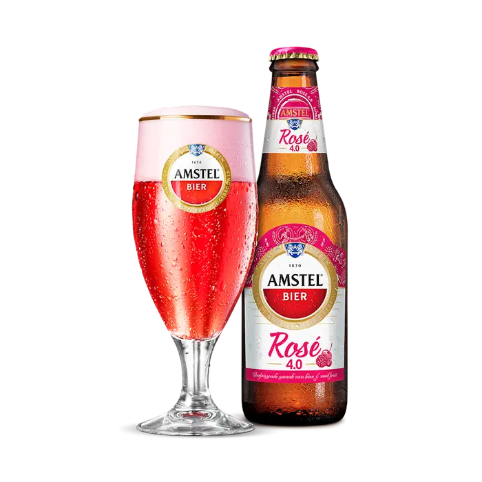 Fles en gevuld glas Amstel Rosé