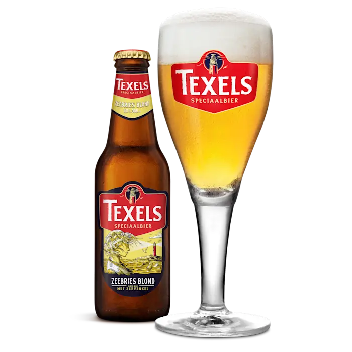 Fles en gevuld glas Texels Zeebries Blond